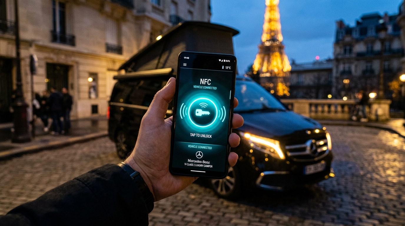 Van VANWAVE de nuit devant la Tour Eiffel